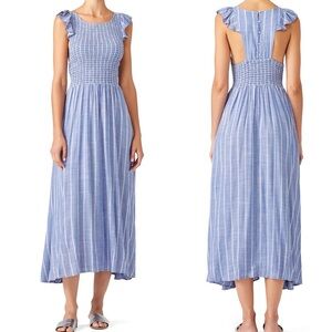 Free People Chambray Butterflies Maxi Dress XL Smocked Ruffle Sleeves stripes